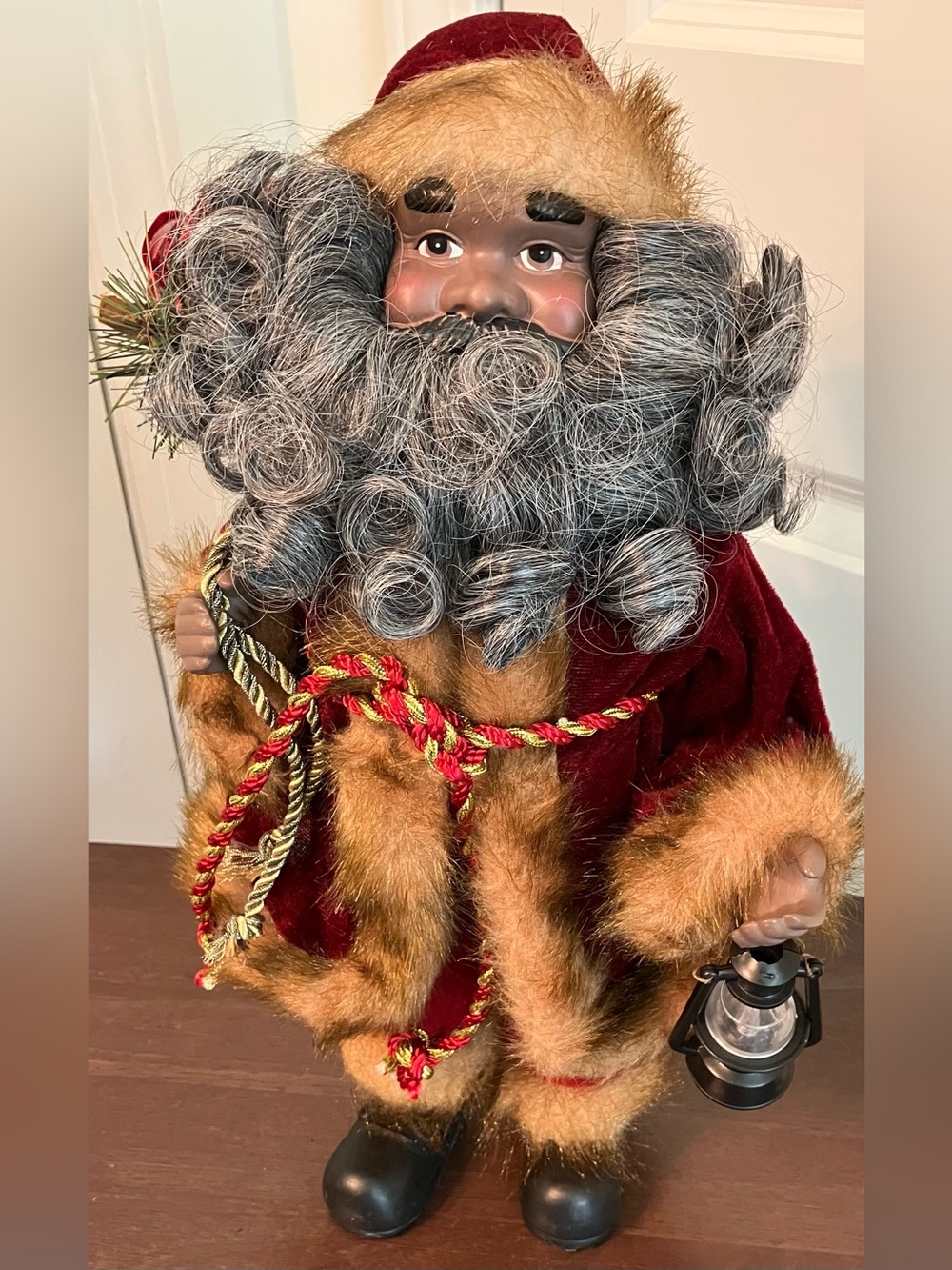 Plush Old World Woodland Santa Claus Figurine 15” Burgundy Velvet & Fur